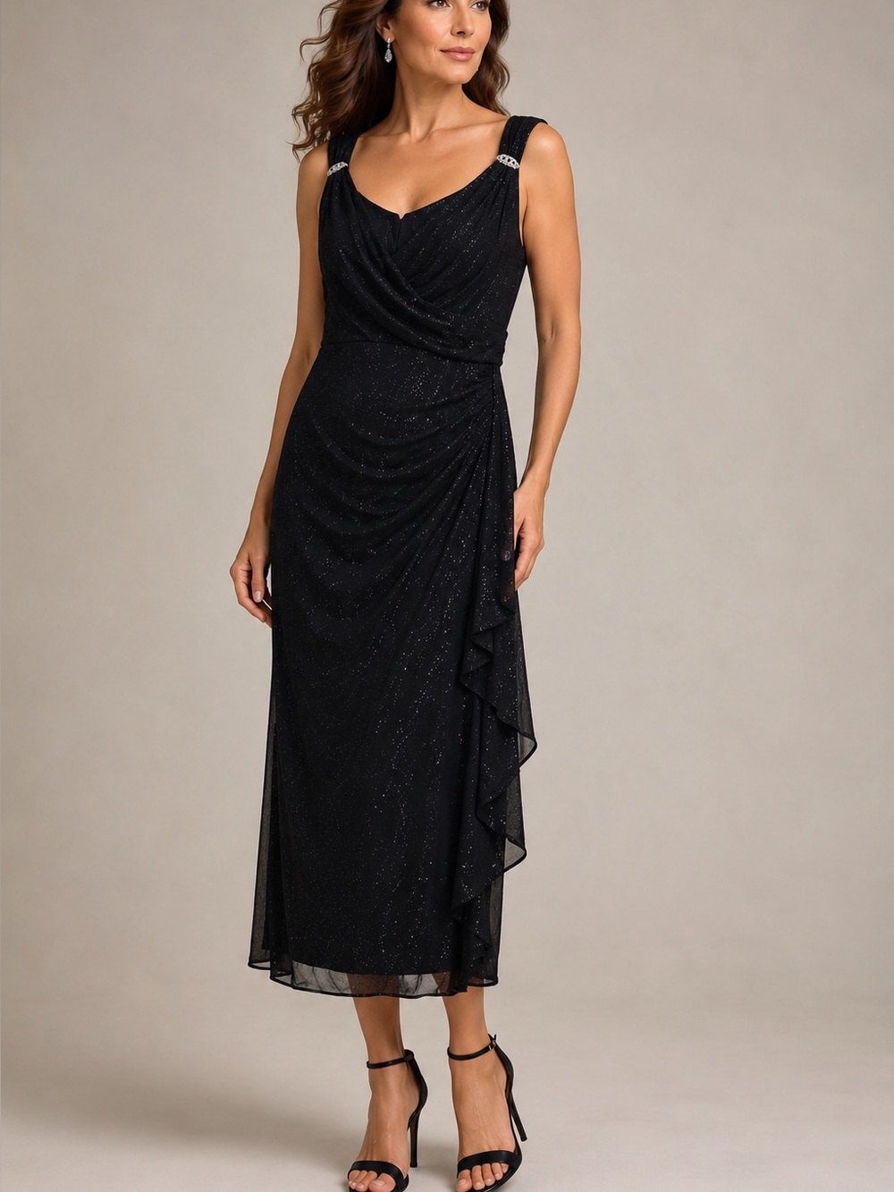 VTG R&M Richards Women Black Glitter Embellished Ruched Draped Evening Gown 16W